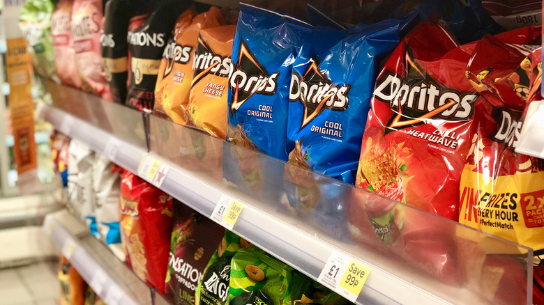 Chip aisle with Doritos at the grocery store