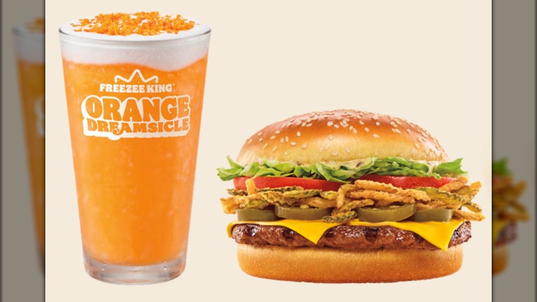 A loaded jalapeño Whopper from Burger King with an orange Dreamsicle beverage.