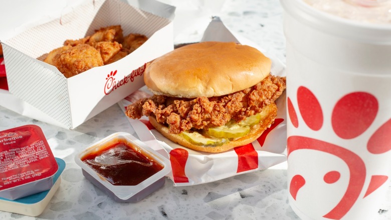 Chick-fil-A sandwich, nuggets, and sauces