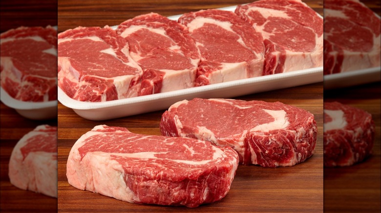 Package of ribeye steaks.