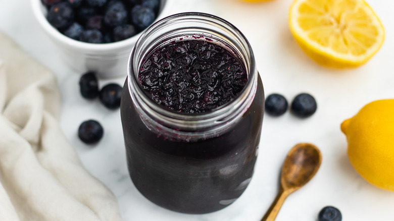 blueberry jam in glass jar