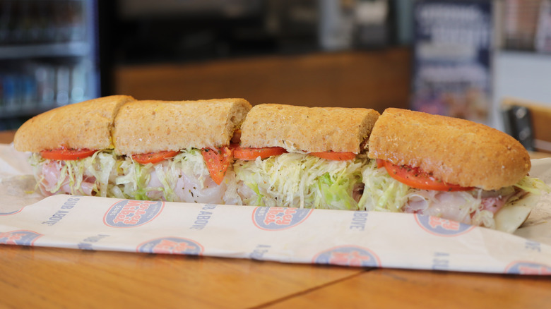A Jersey Mike's sub displayed on paper wrapper