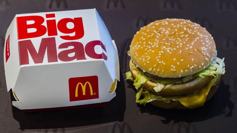 McDonald's Big Mac sandwich and box on table.