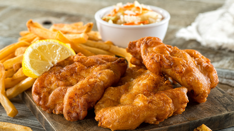 Fried fish with fries and coleslaw