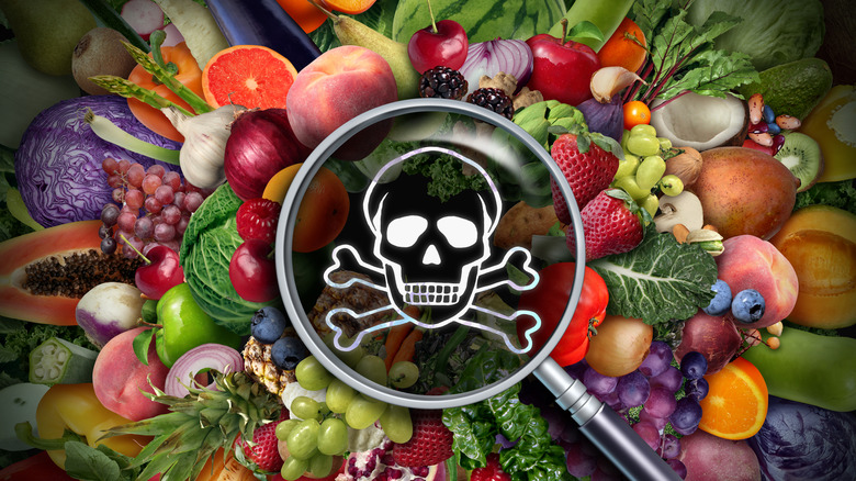 Produce items covered by a magnifying glass with a skull and crossbones