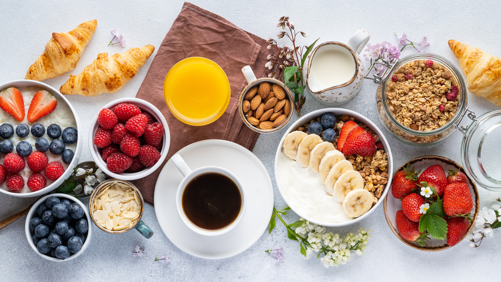 Display of many breakfast foods