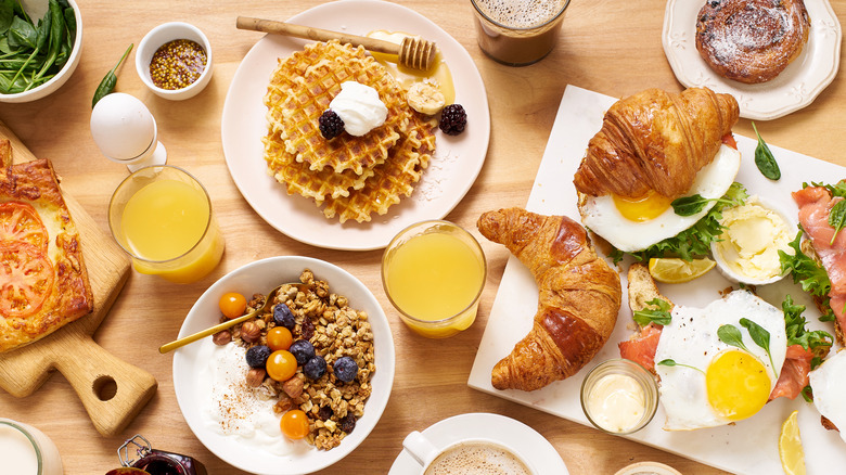 brunch spread with coffee and croissants