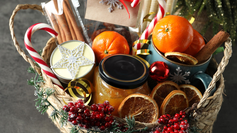 Christmas gift basket on floor