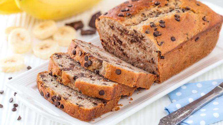 Sliced loaf of chocolate chip banana quick bread. 