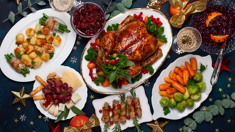 A wide range of Christmas dishes on a table