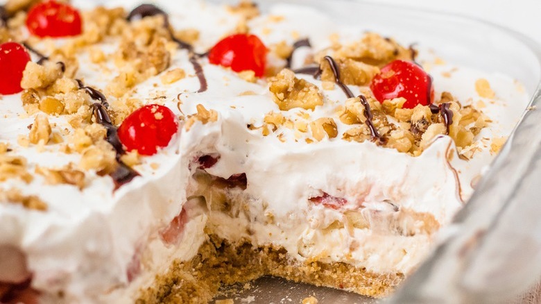 creamy dessert with maraschino cherries