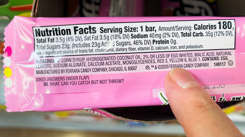 A candy ingredient label featuring heavy amounts of artificial ingredients.