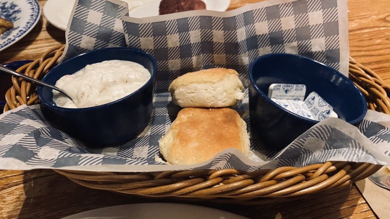 Biscuits in gravy in basket served at cracker barrel