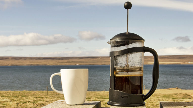 Half-empty French press and cup on outdoor table