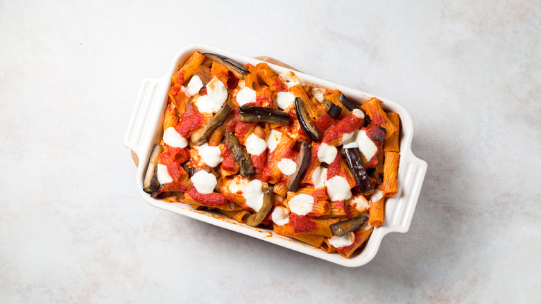 baked eggplant pasta in dish