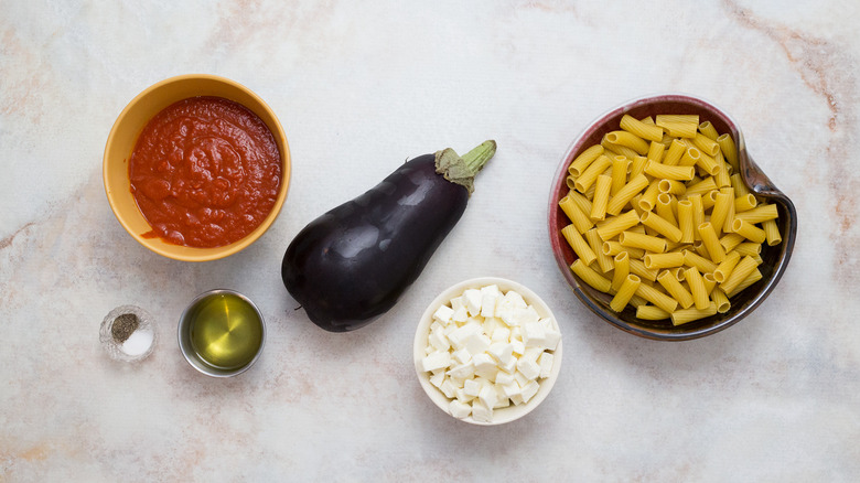 eggplant pasta ingredients on table