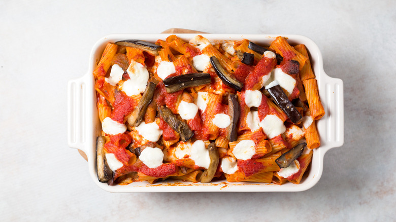 eggplant pasta served on table