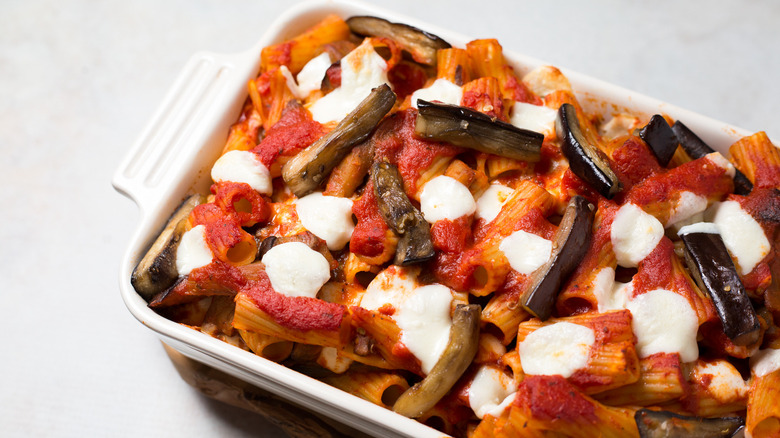 baked eggplant pasta in dish