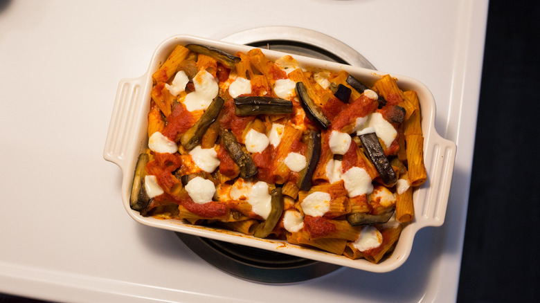 eggplant pasta on stovetop