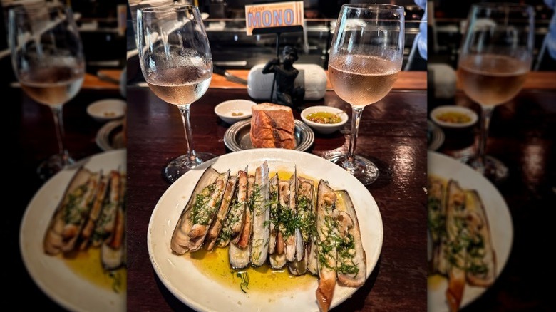 Razor clams and two glasses of wine