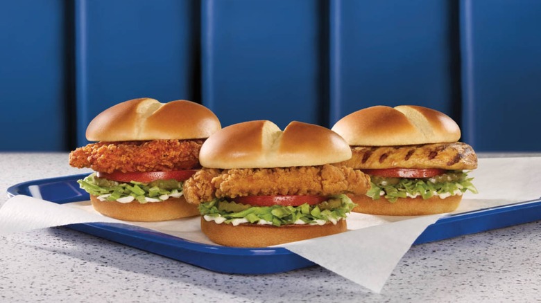 ﻿Three varieties of Culver's chicken sandwiches on tray.