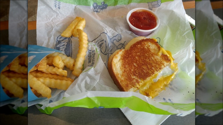 Half a grilled cheese sandwich, fries, and ketchup at Culver's.