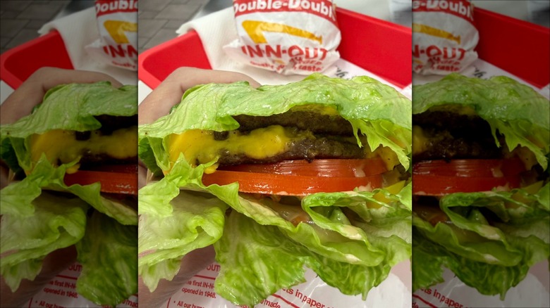 Person holding a lettuce-wrapped burger with cheese and tomatoes from In-N-Out.