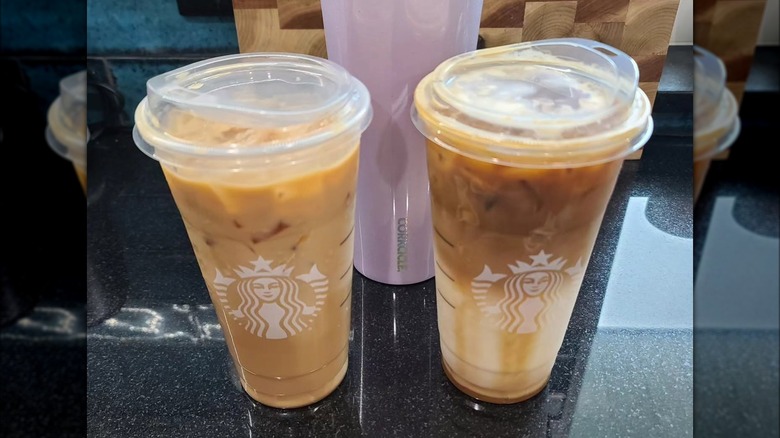 Upside down caramel macchiato beside original
