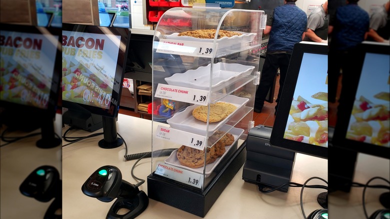 A cookie display at Wendy's next to the cash register.