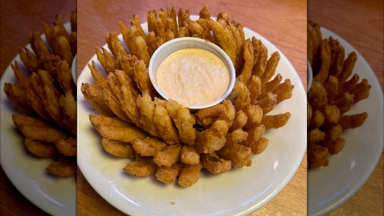 Cactus Blossom appetizer on plate at Texas Roadhouse restaurant.