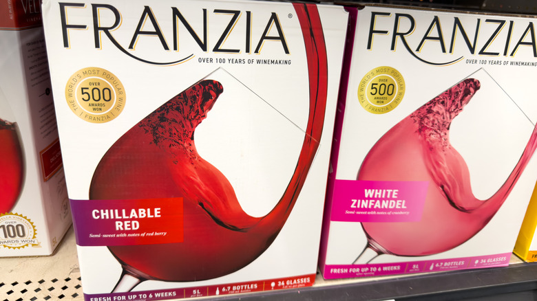 Boxes of Franzia on grocery shelf