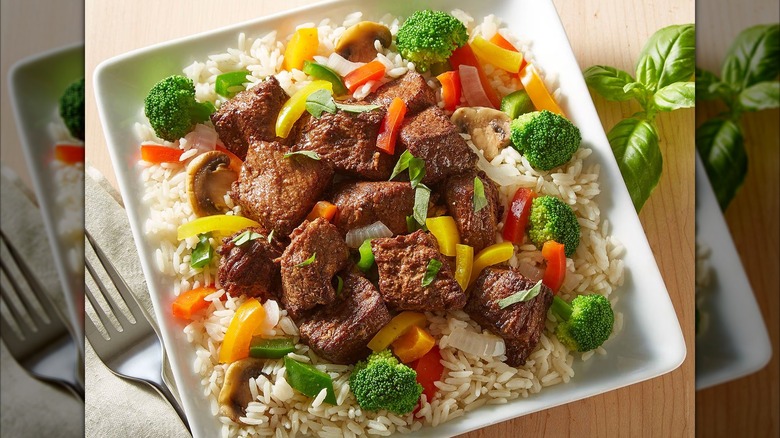 A plate of seasoned beef bites over vegetables and rice.