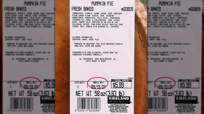 Costco pumpkin pie label with Sell By date circled