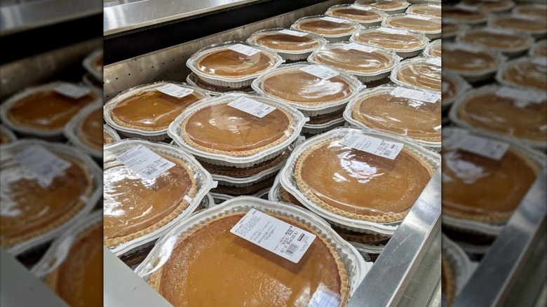 Costco pumpkin pies in a chilled display case