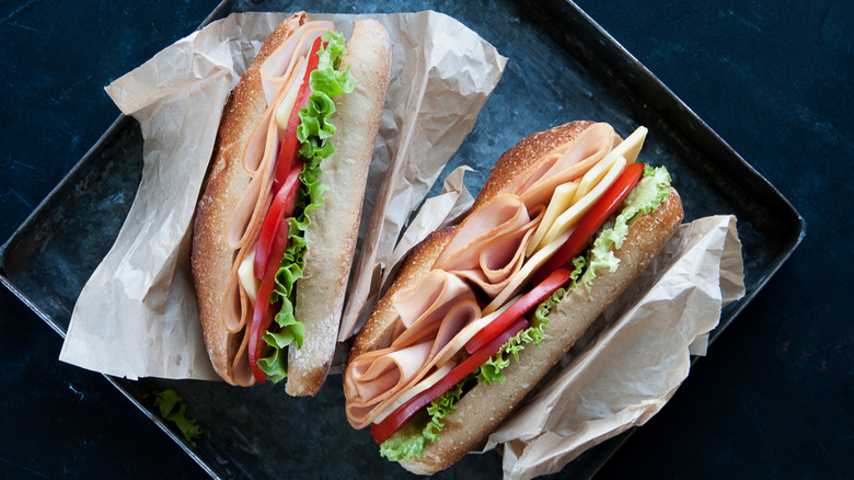 Tray holding two turkey subs