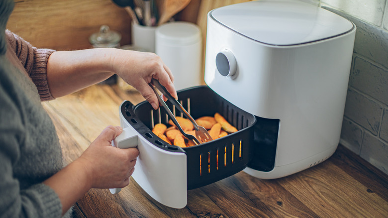 Person using air fryer