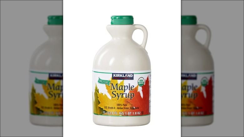 Large bottle of organic maple syrup