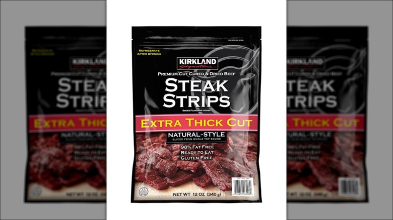 Bag of dried, cured steak strip jerky