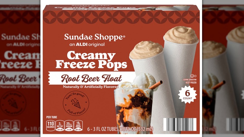 A box featuring push pops full of root beer float-flavored filling and an image of a root beer float.