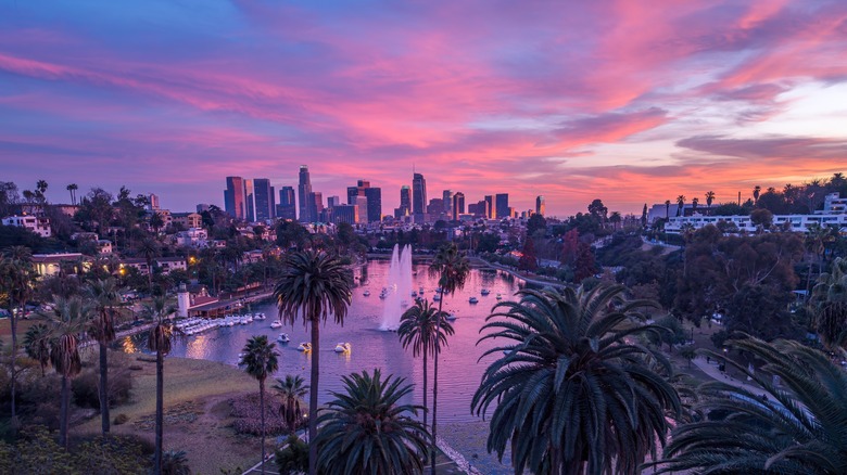 Los Angeles skyline behind the Echo Park lake
