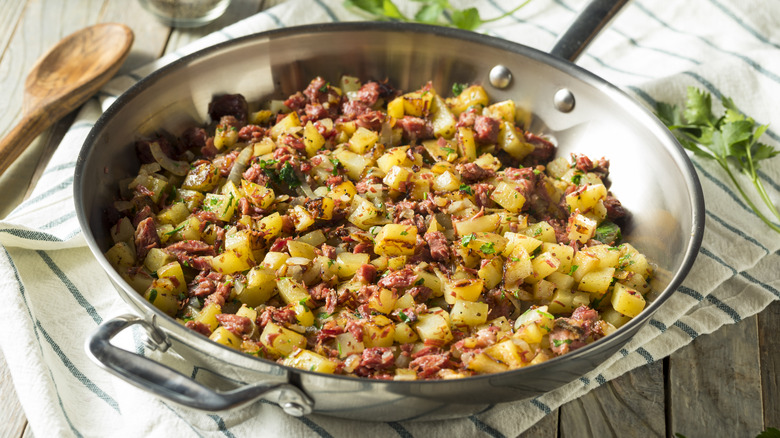 Corned beef hash in pan