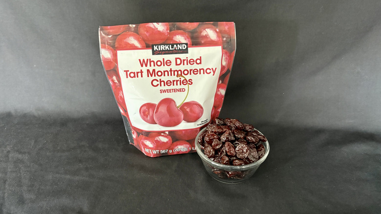 dried cherry bag behind bowl of dried cherries