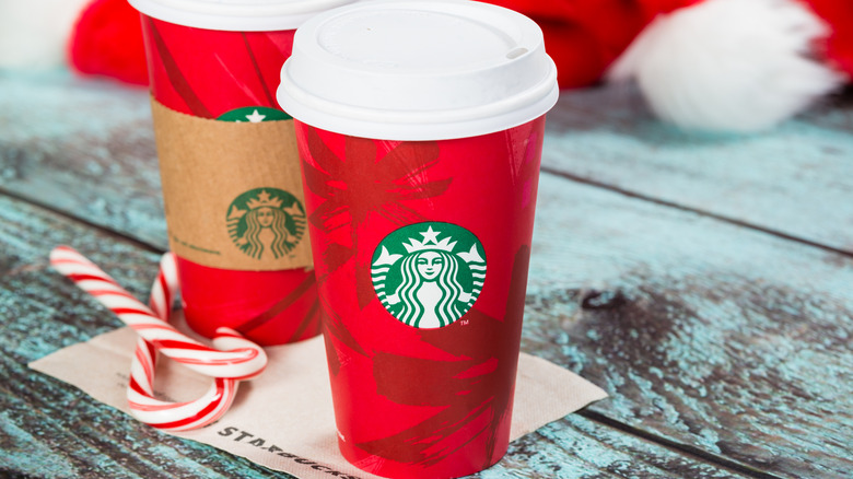 Starbucks red holiday cups with candy canes