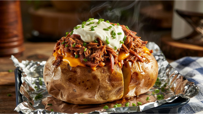 A baked potato sitting in foil.