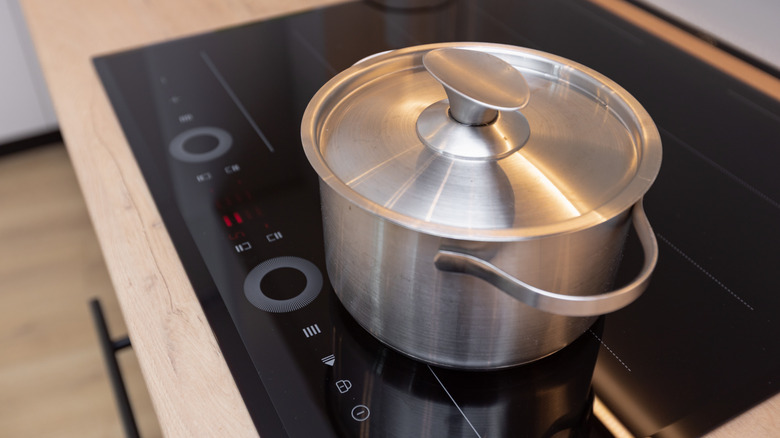 Stainless steel pot on induction stovetop