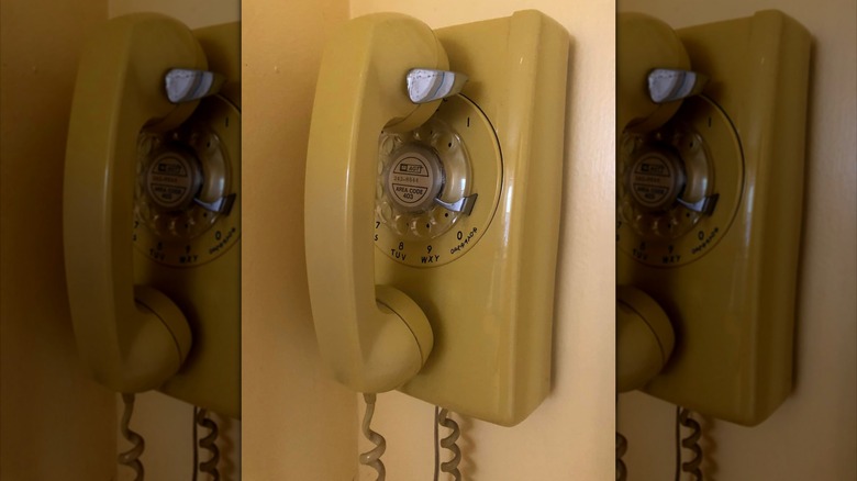 Goldenrod rotary phone mounted to kitchen wall