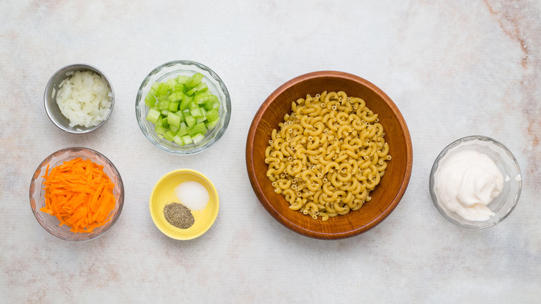 macaroni salad ingredients on table