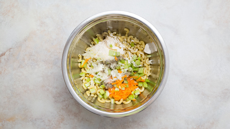 pasta salad ingredients in bowl