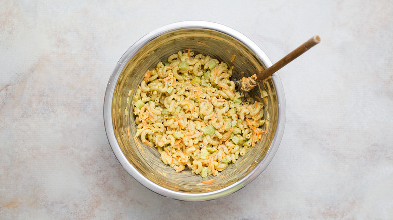 macaroni salad in metal bowl