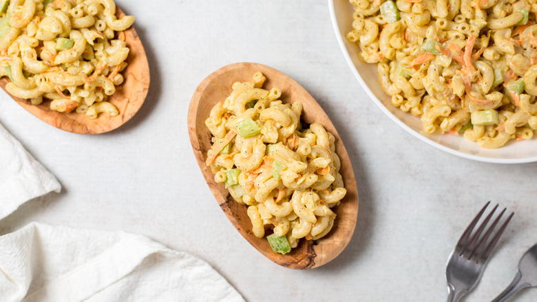 macaroni salad served on table